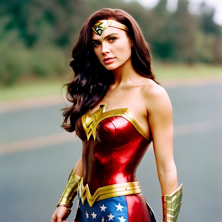 Woman in Wonder Woman costume with iconic headpiece, red top, gold accents, and blue bottoms,