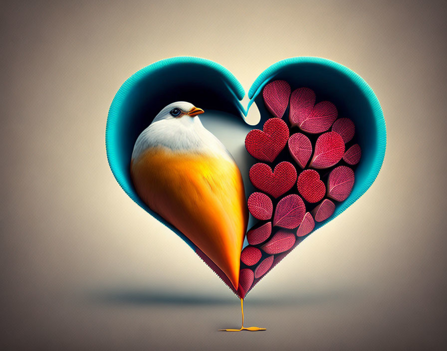 White and Yellow Stylized Bird in Heart-shaped Frame on Neutral Background