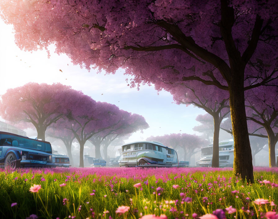 Cherry Blossoms and Vintage Cars in Spring Landscape