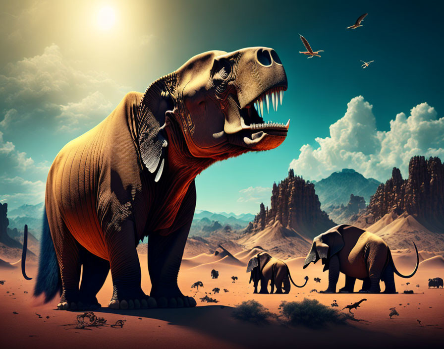 Prehistoric digital artwork: Tyrannosaurus rex and mammoths in desert scene