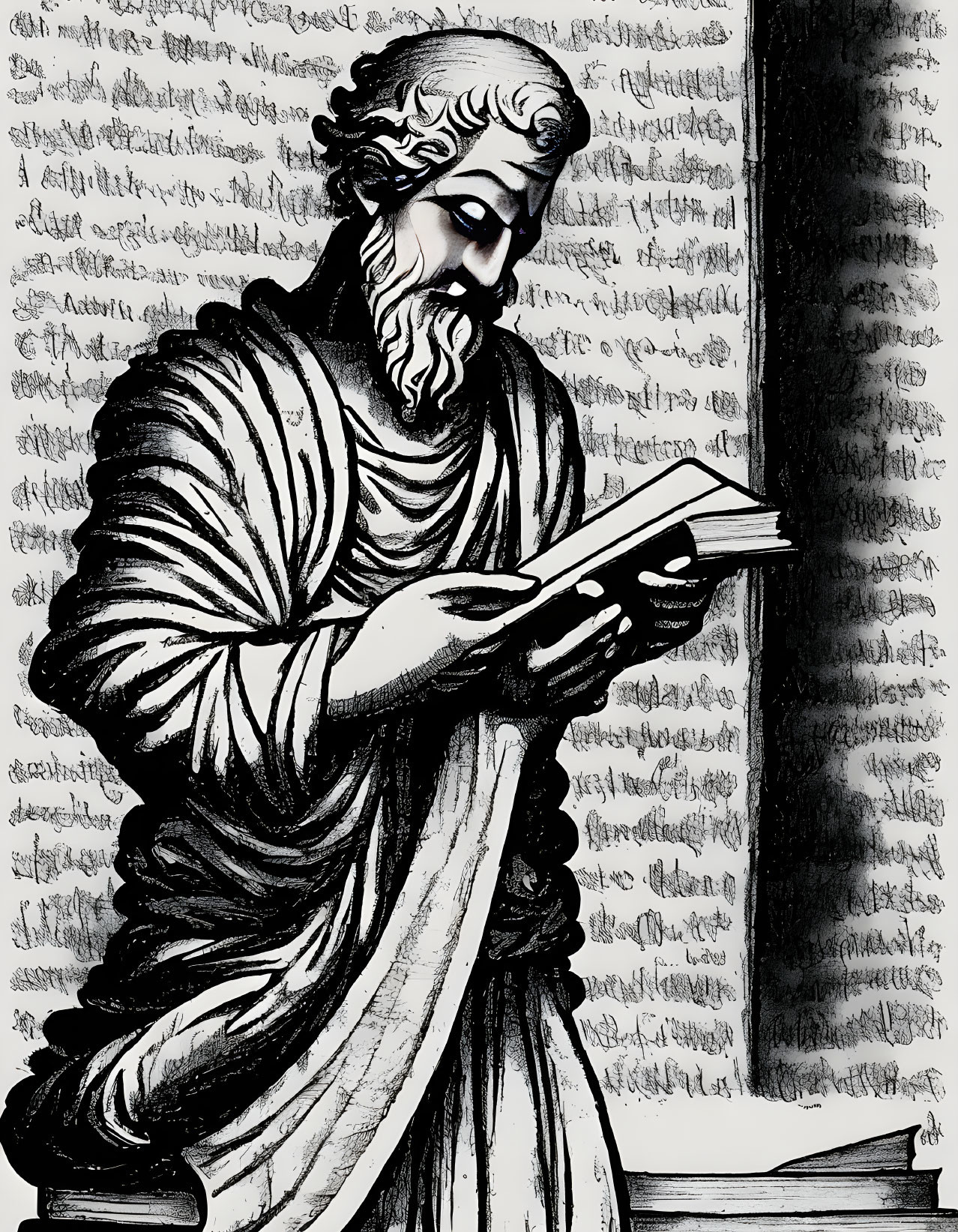 Monochrome illustration of bearded man reading book in front of handwritten background