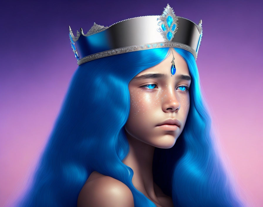 Vibrant blue hair girl with crown and gem artwork