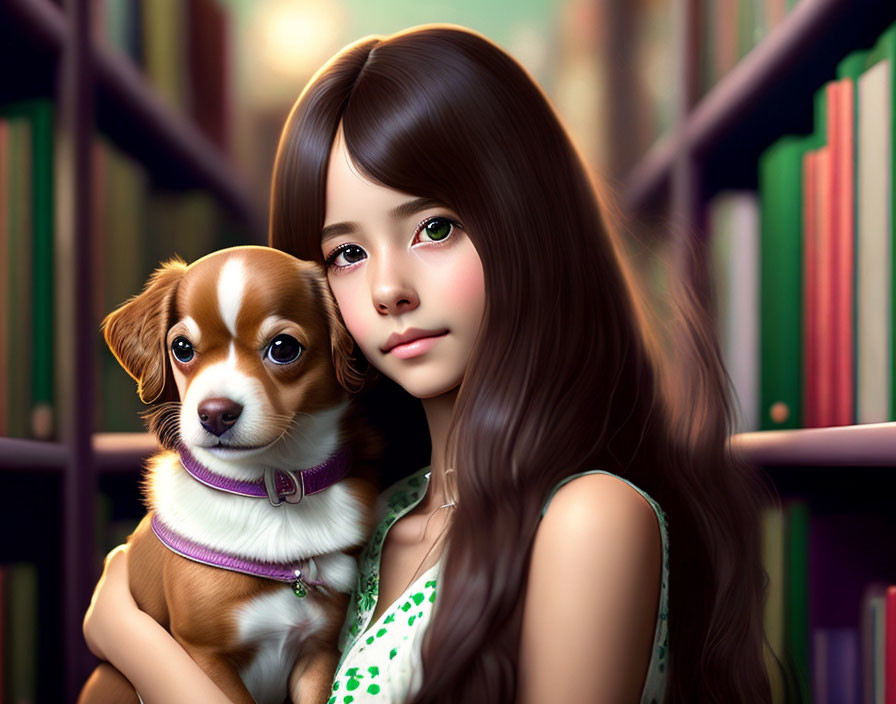 Digital artwork: Girl with brown hair holding puppy on bookshelf background