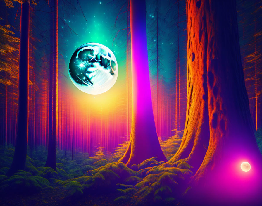 Surreal neon-lit forest with moon and mystical purple beam