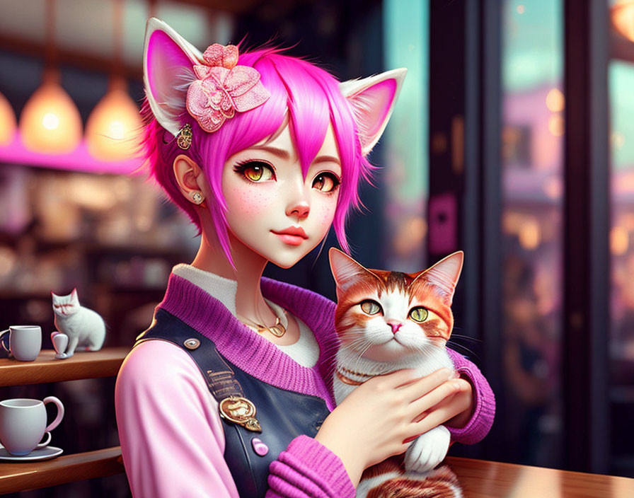 Pink-haired anime-style girl with cat ears holding an orange tabby cat in a cat-themed cafe