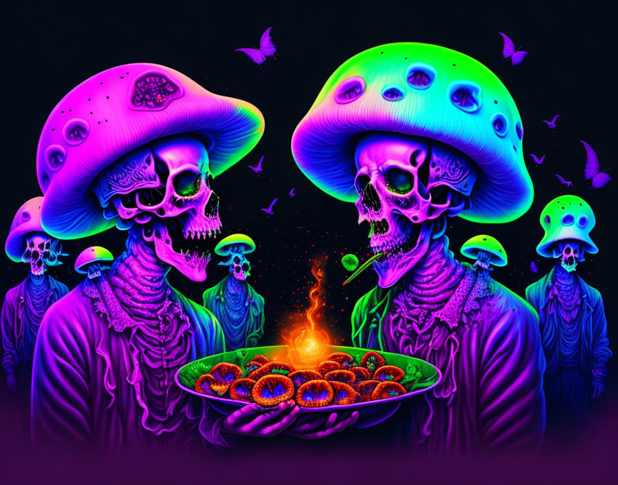 Colorful Psychedelic Skeleton Artwork with Mushroom Heads and Flaming Rings