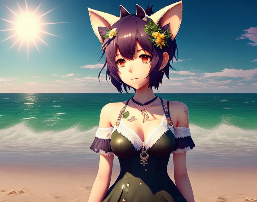 Fox-eared anime character with leaf decorations on sunny beach.