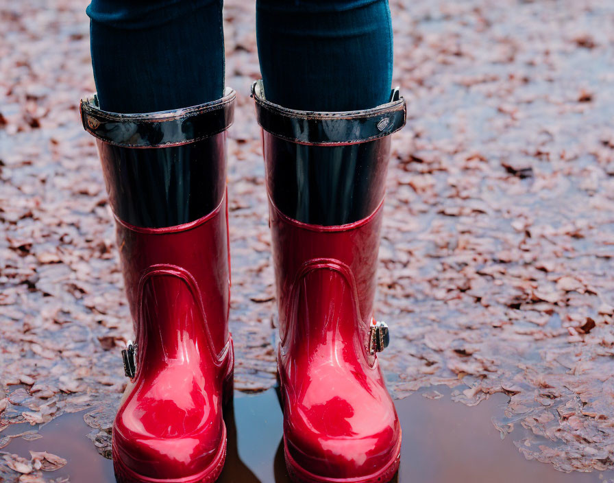 Person in red rain boots standing in puddle with fallen leaves.