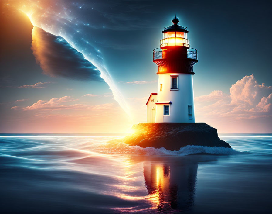 Scenic lighthouse on rocky outcrop at sunset with comet in sky