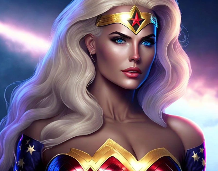 Female superhero with golden tiara, blonde hair, blue eyes, and red, gold, blue costume