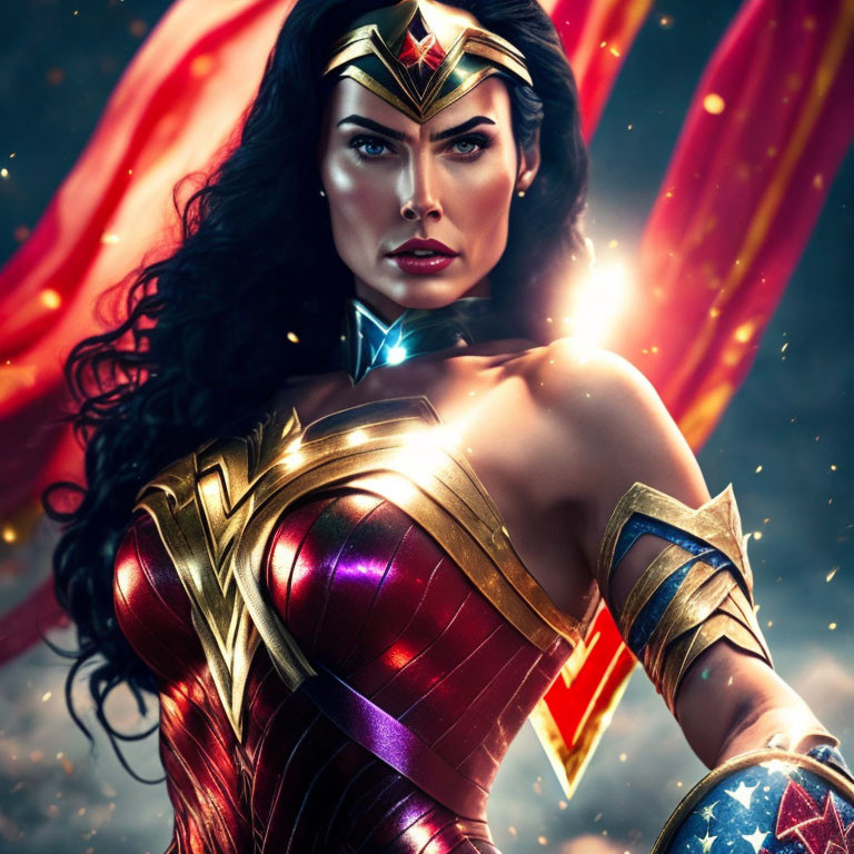 Superheroine with tiara in red, gold, and blue costume with glowing lasso against American