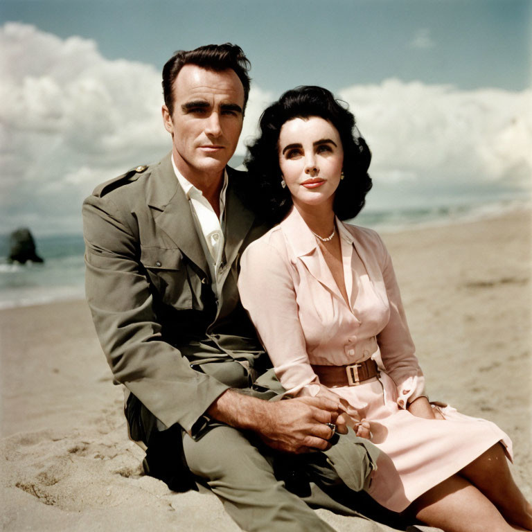 Military man and woman in pink dress sitting on beach under cloudy sky