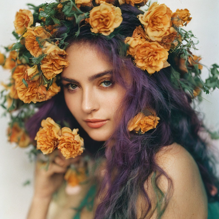 Woman with Purple Hair and Floral Crown Holding Orange Flower