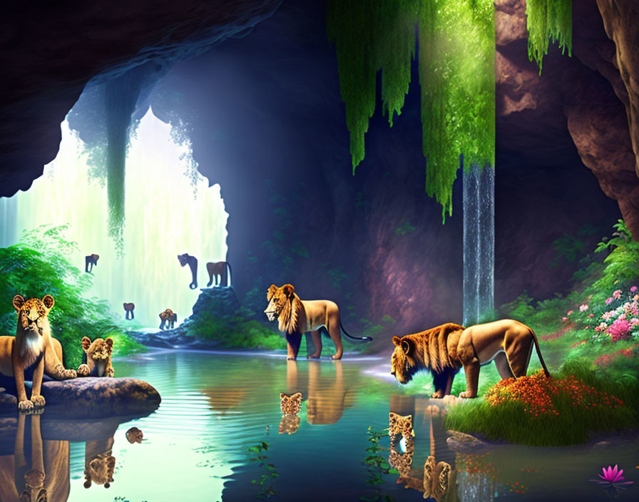 Fantasy landscape with lions at waterhole and waterfall.