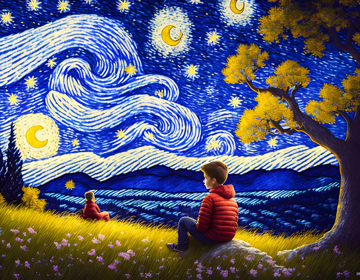 Child and toy under swirling starry night sky illustration