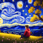 Child and toy under swirling starry night sky illustration