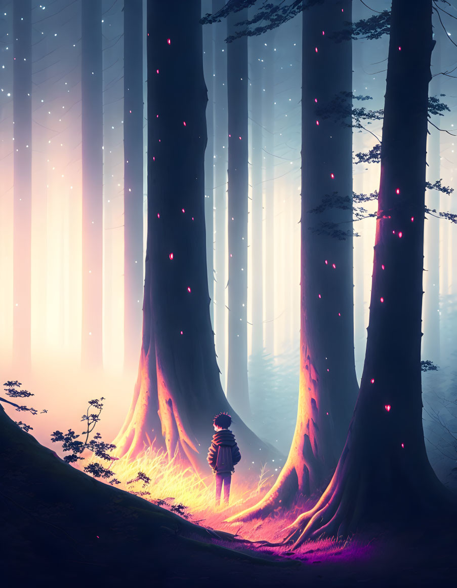 Mystical forest scene with solitary figure and glowing pink embers