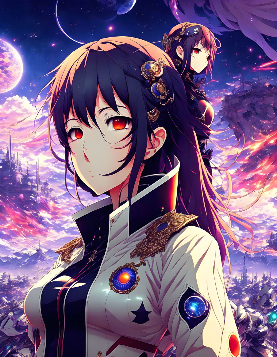 Dark-haired characters in gold-adorned uniforms on cosmic backdrop