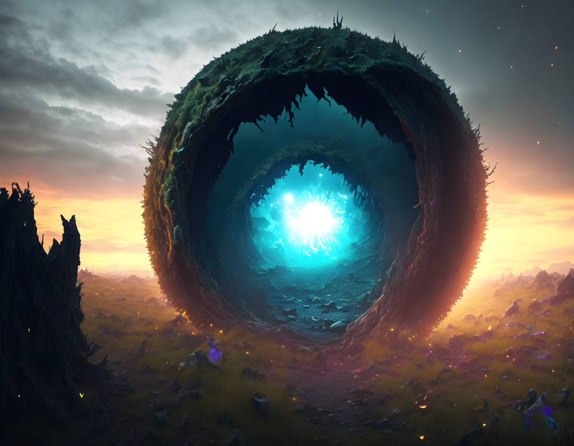 Fantastical hollow sphere with glowing core, grassy exterior, surreal starry sky