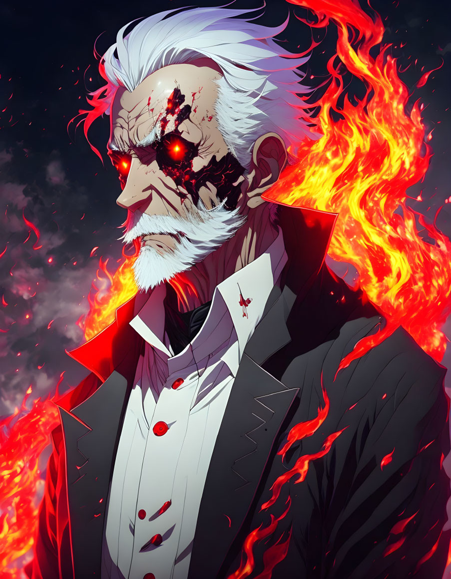 White-haired bearded man with scarred face and glowing red eye in fiery setting