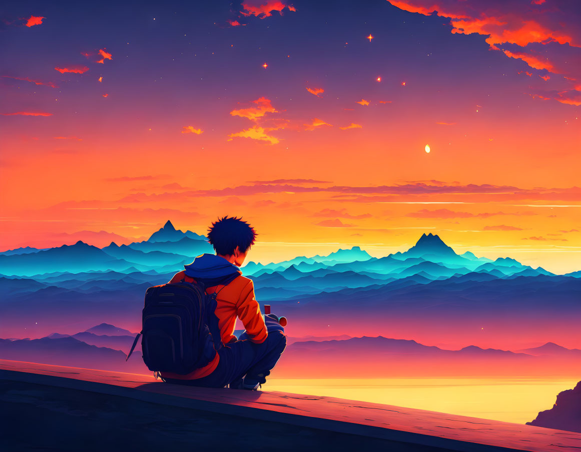 Person with backpack gazes at surreal sunset landscape