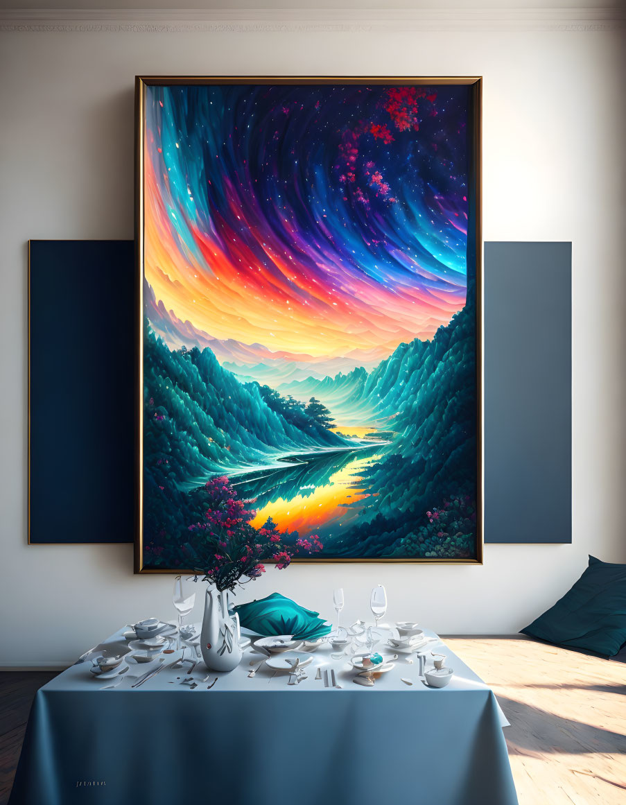 Colorful Celestial Scene Painting Above Dining Table in Contemporary Room