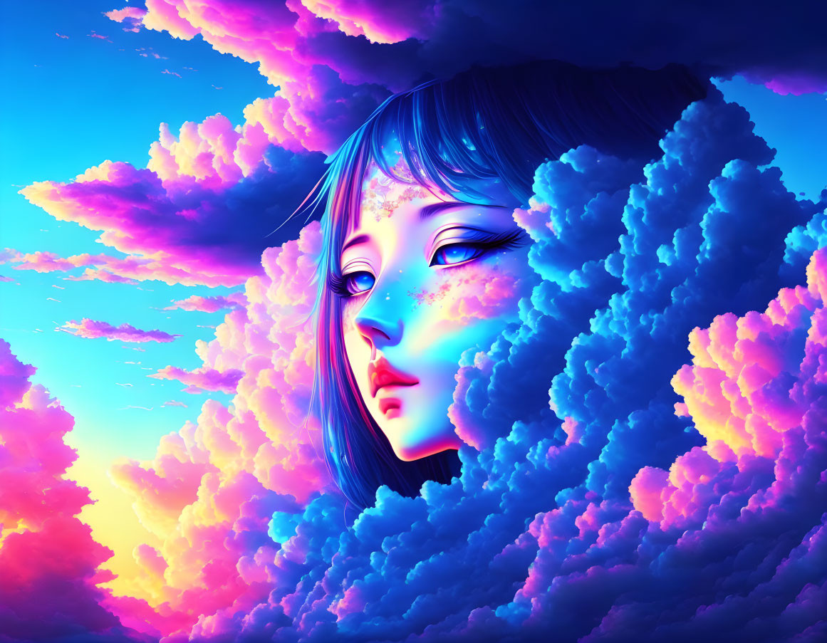 Colorful digital artwork: Female figure with blue hair merging with fluffy clouds in twilight sky