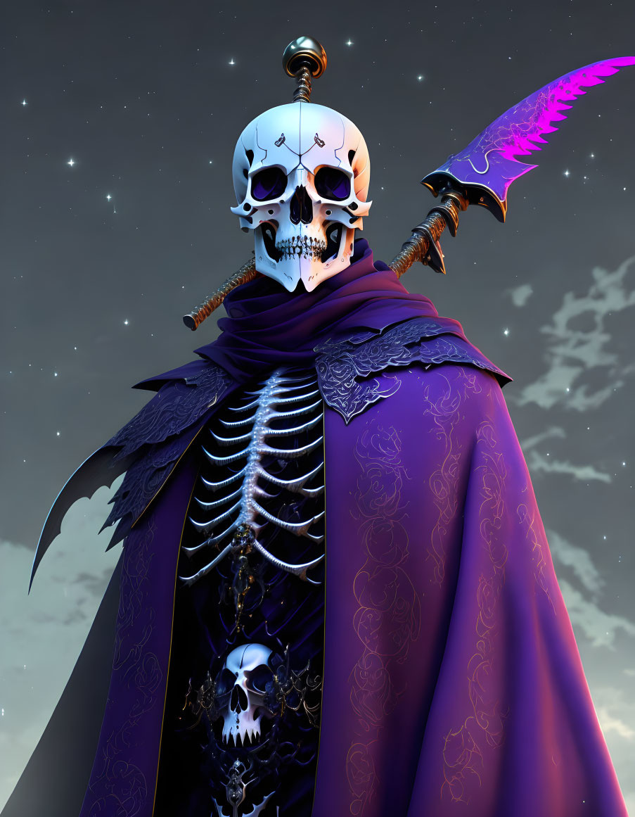 Skeleton in Purple Cloak with Scythe Under Starry Sky