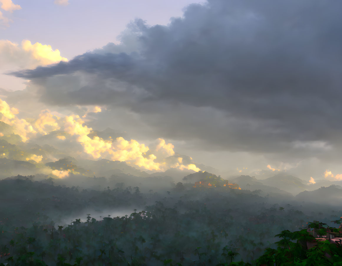 Golden sunlight filters through dramatic sky over mist-covered hills