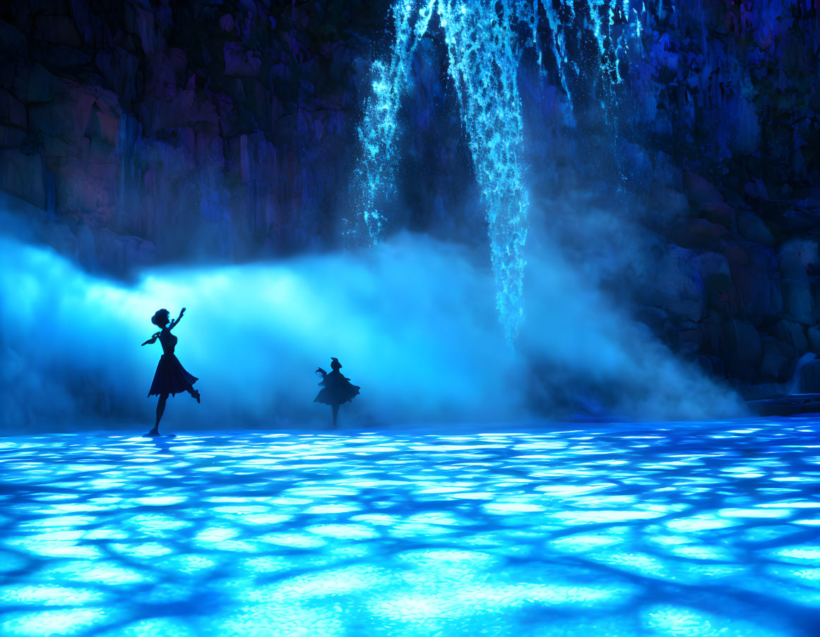 Silhouetted figures dancing on icy surface with waterfall and rocky backdrop in blue light