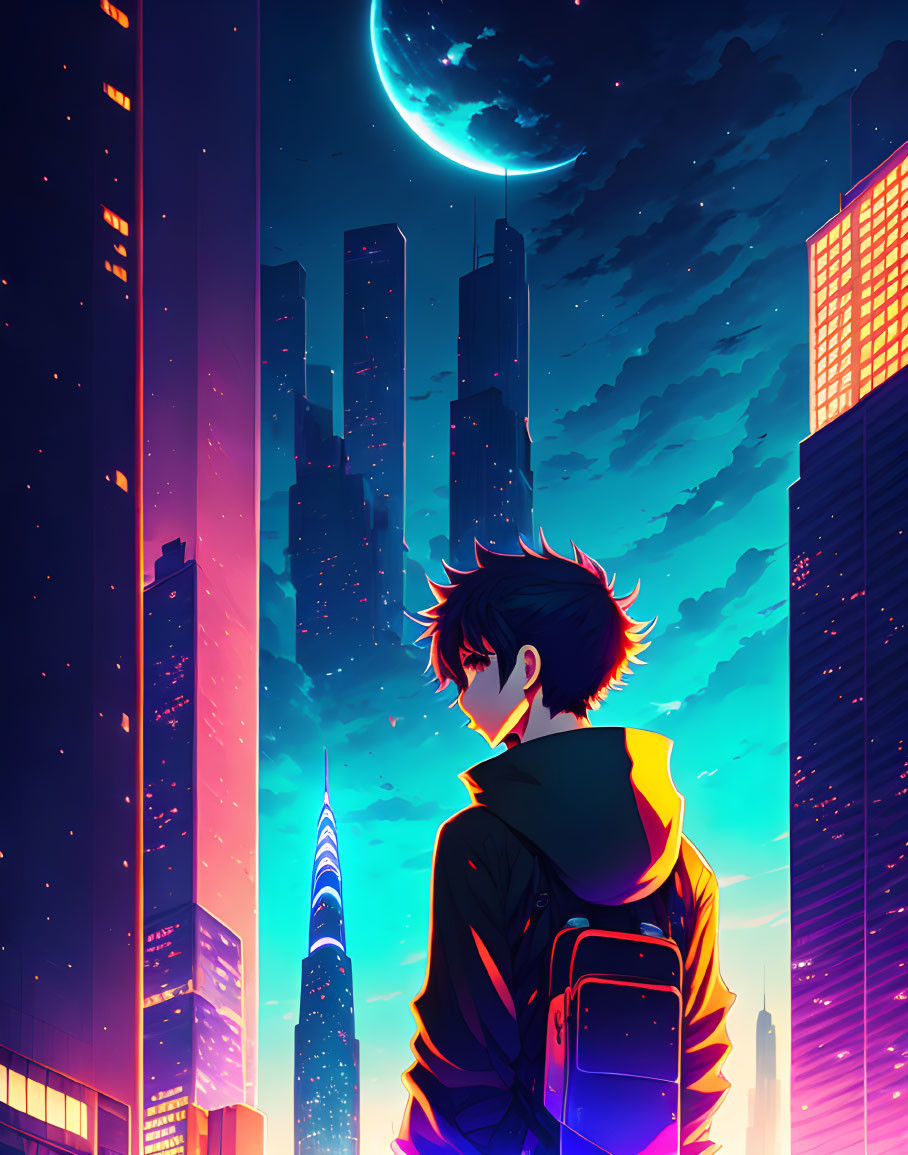 Anime-style illustration: Person with black hair gazing at vibrant cityscape under crescent moon and star