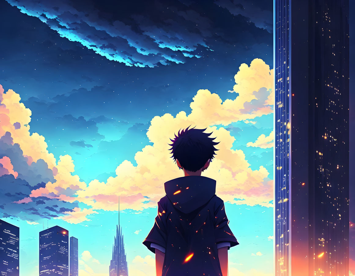 Futuristic cityscape at sunset with skyscrapers and person