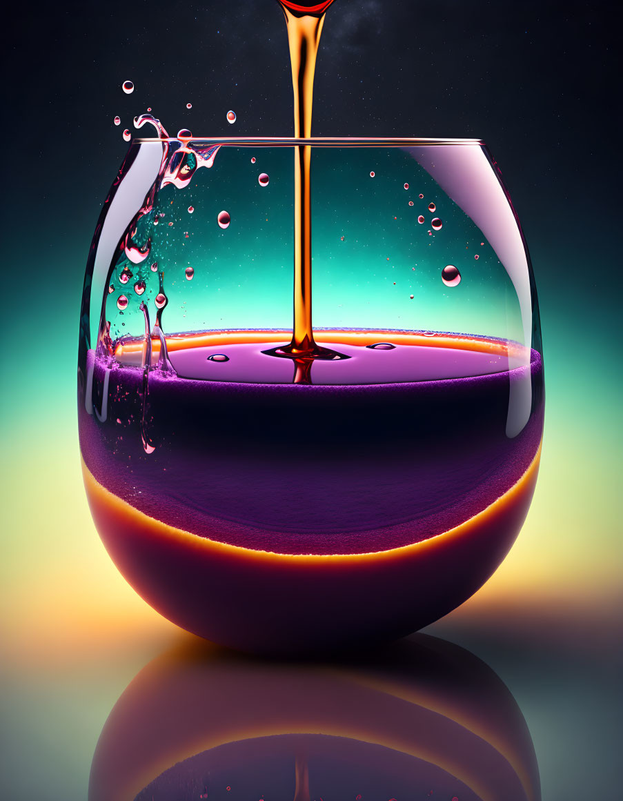 Purple liquid splashing in wine glass against colorful backdrop