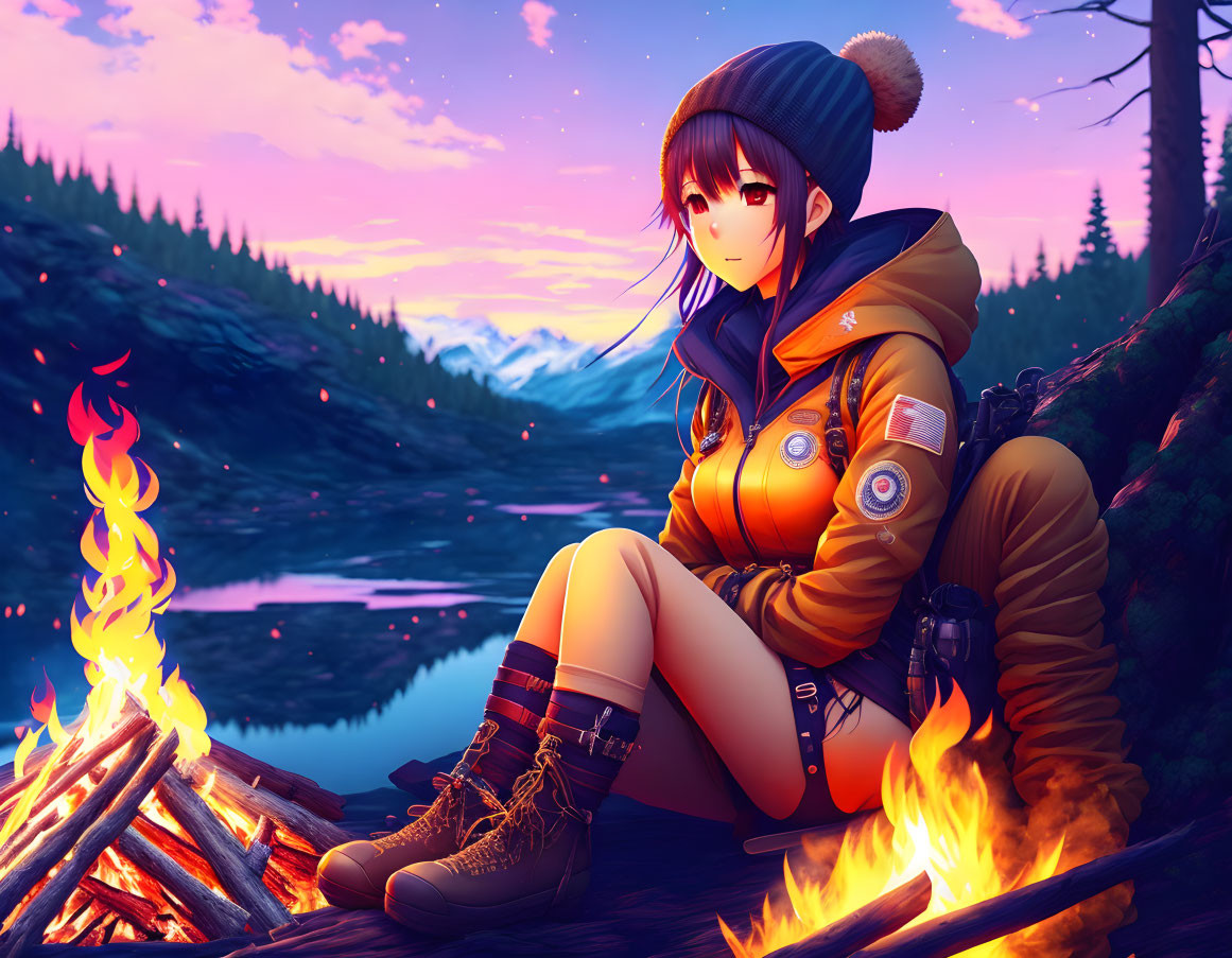 Animated character with beanie and backpack by campfire at dusk overlooking mountain lake