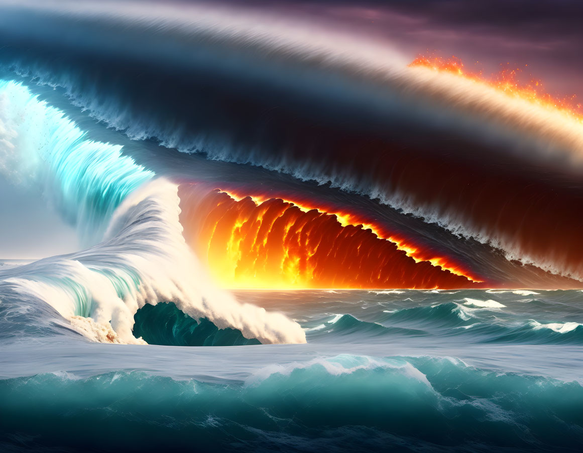 Surreal image: Massive waves with fire and water contrast