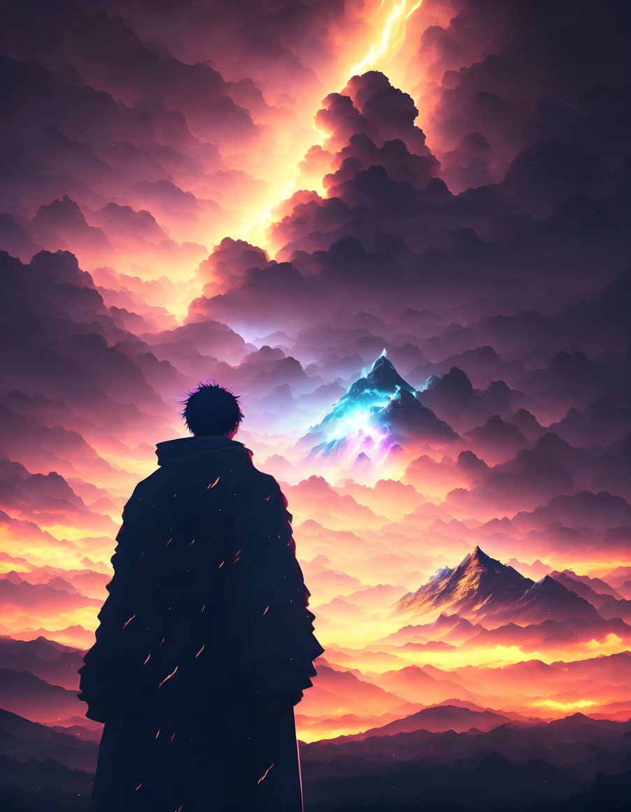 Person in coat views dramatic lightning over vibrant mountains