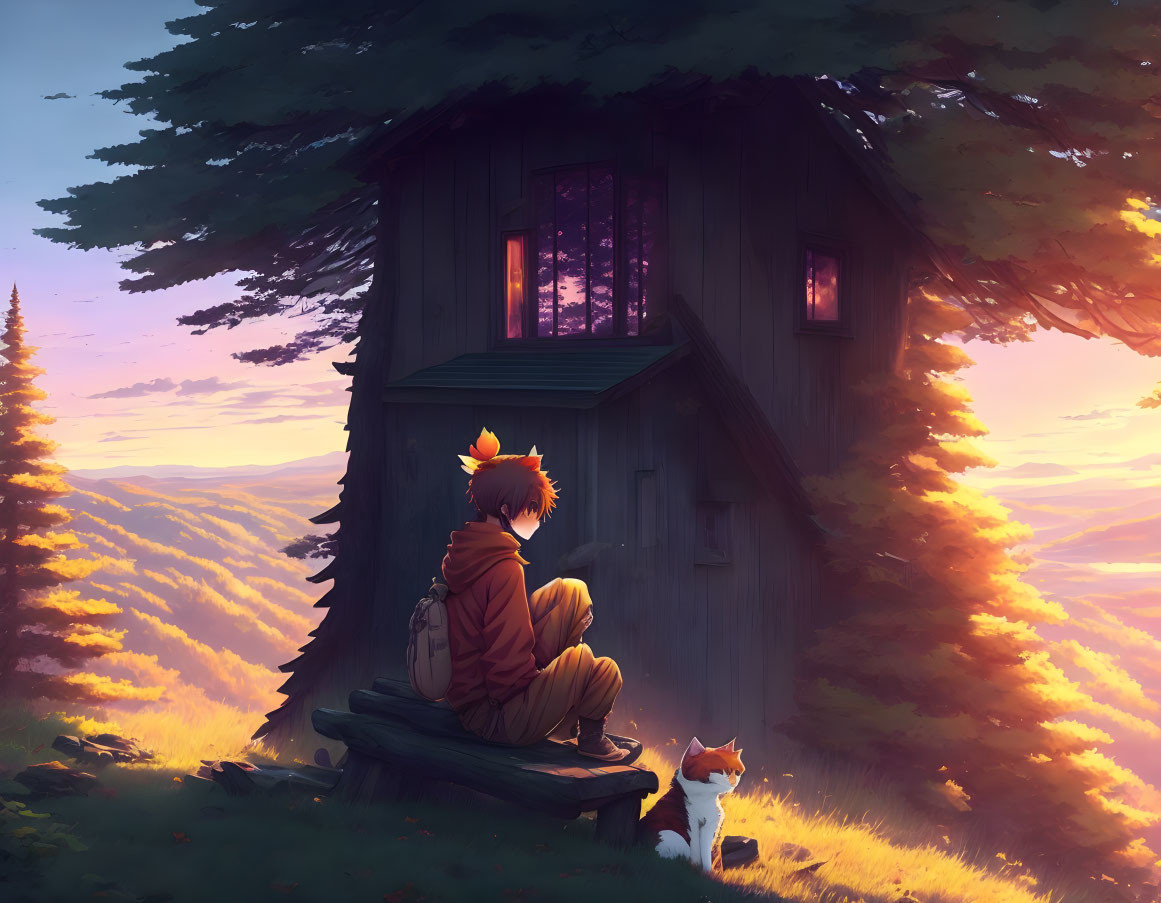 Orange-Haired Person and Cat by Cabin at Sunset Overlooking Valley