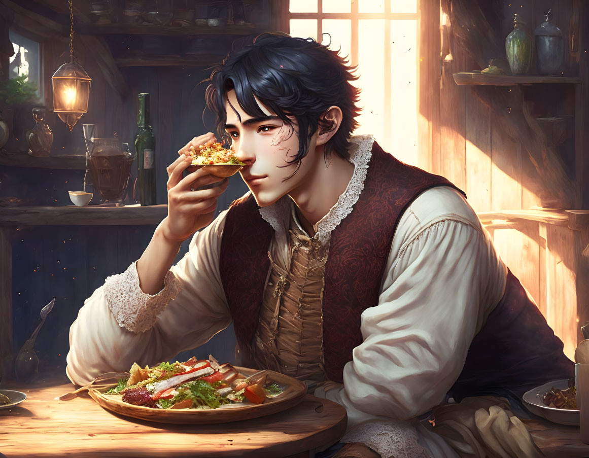 Historically dressed man dining in rustic tavern with pensive expression