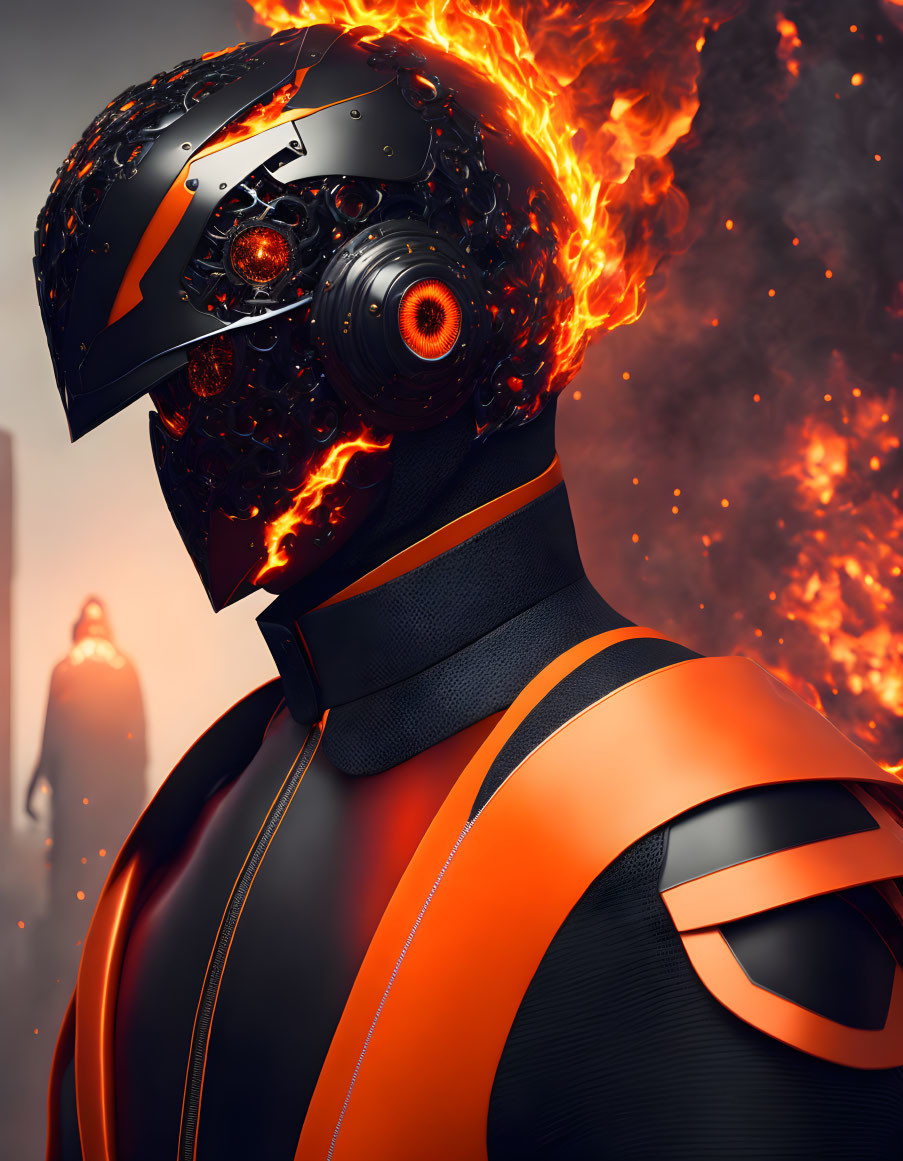 Futuristic figure in orange and black suit with high-tech helmet and flames on explosive backdrop