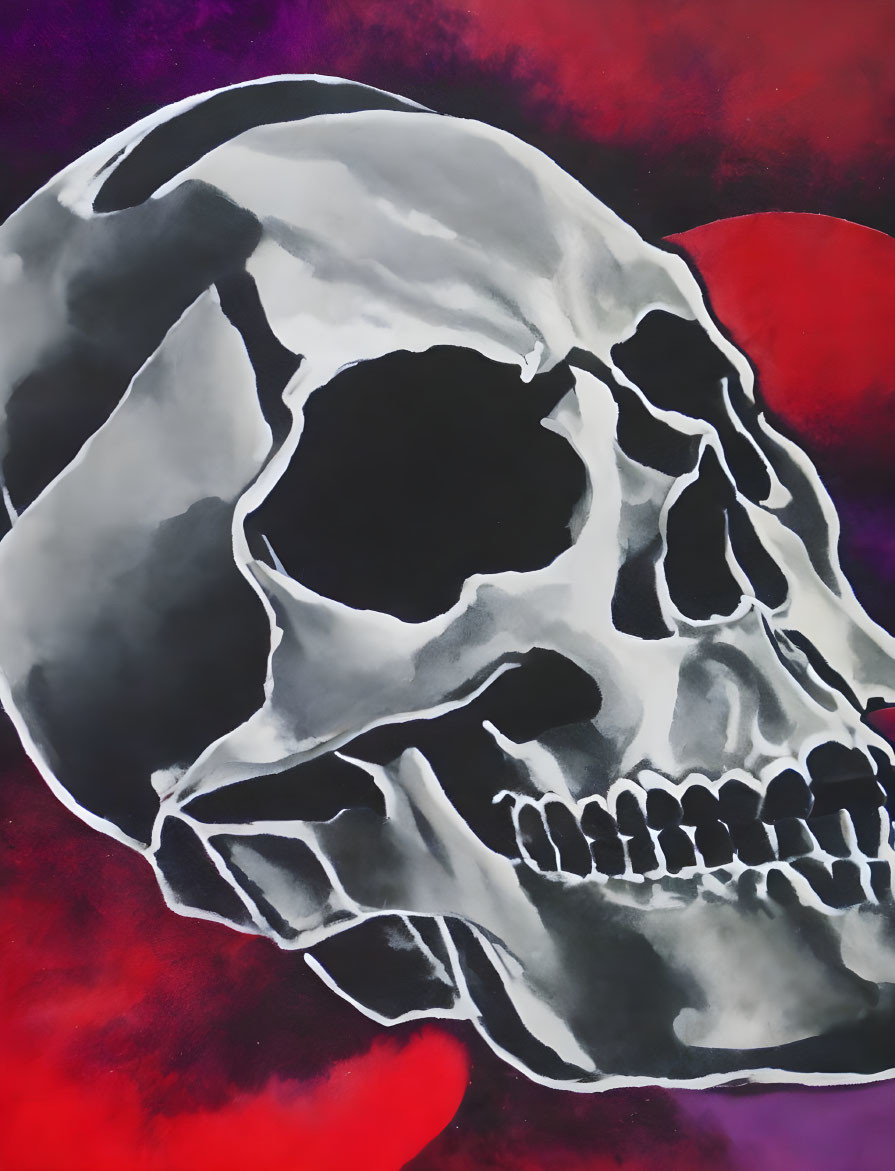 Human skull in grayscale on red and purple watercolor background