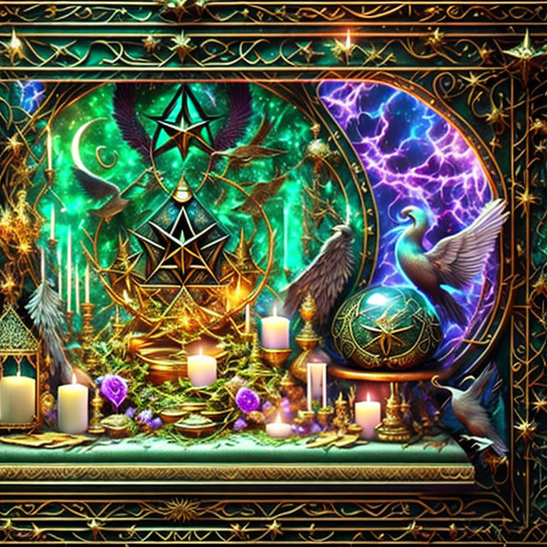 Mystical artwork featuring peacock, candles, pentagram, and celestial motifs in ornate golden