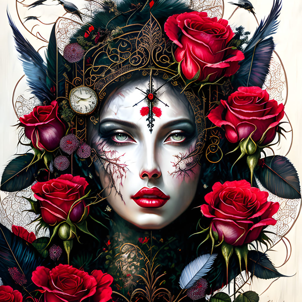 Surreal portrait of woman with gold headpiece, red roses, feathers, and clock