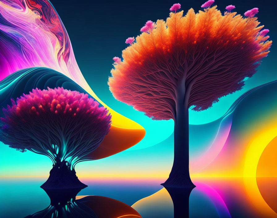 Colorful digital artwork of whimsical trees in abstract setting