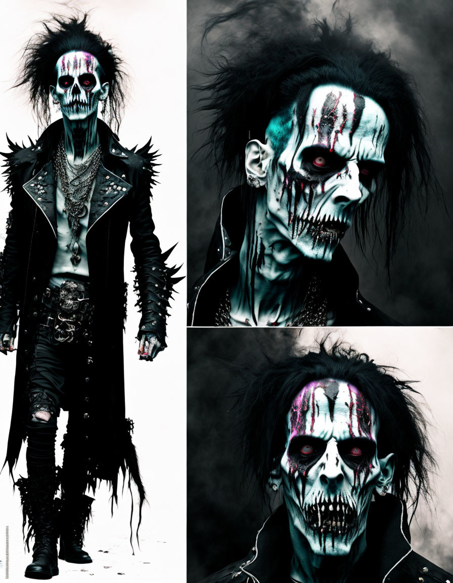 Person in Skull Makeup with Dark Punk Attire in Three Poses