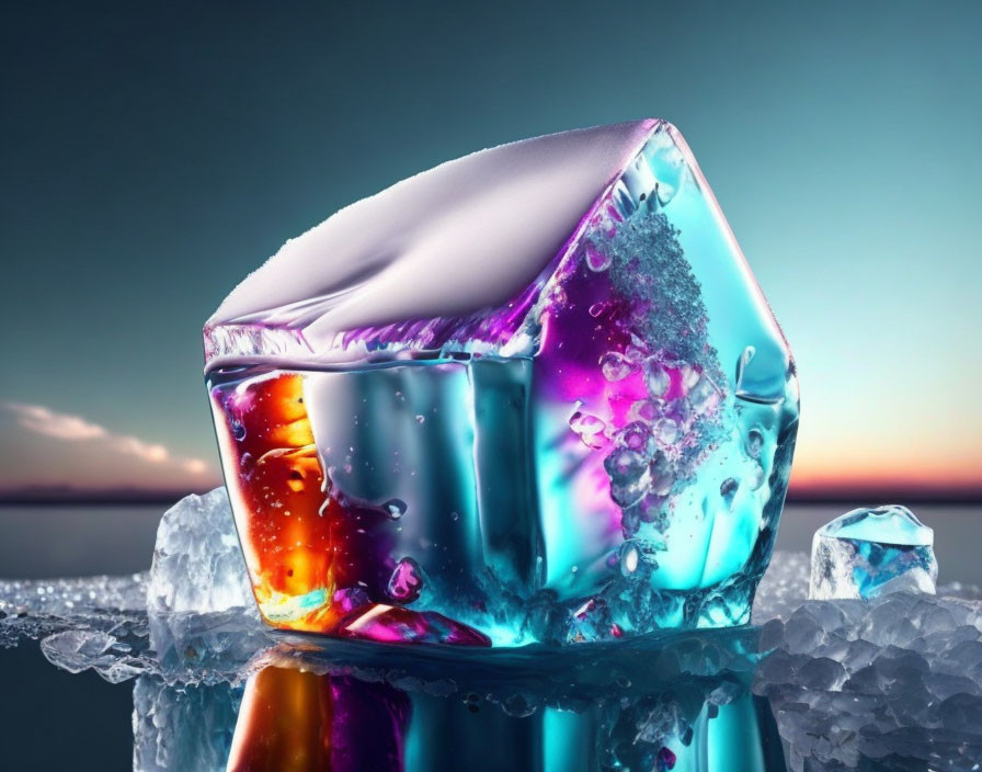 Translucent ice cube with blue and purple hues on ice chunks against dusk sky.