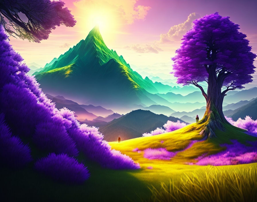 Colorful landscape with purple foliage, lone tree, green mountains, and walking figures at sunrise or sunset