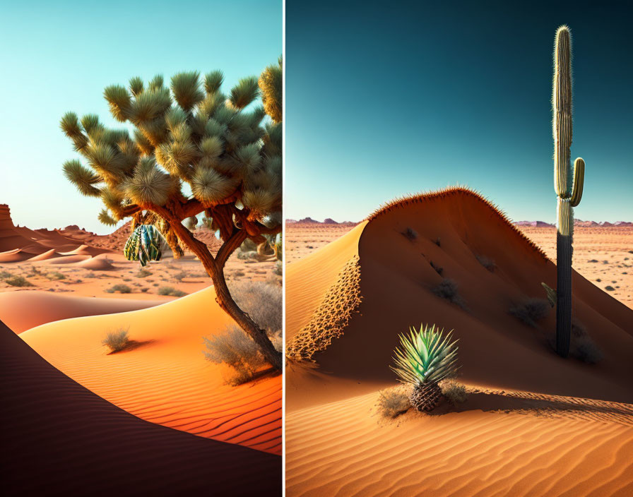 Split desert scenes: Joshua tree on left, tall cactus on sand dune on right