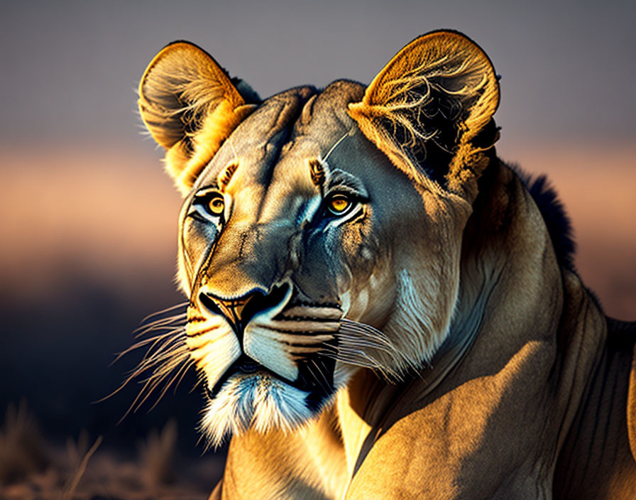 Majestic lioness in golden sunlight with sharp gaze and detailed fur