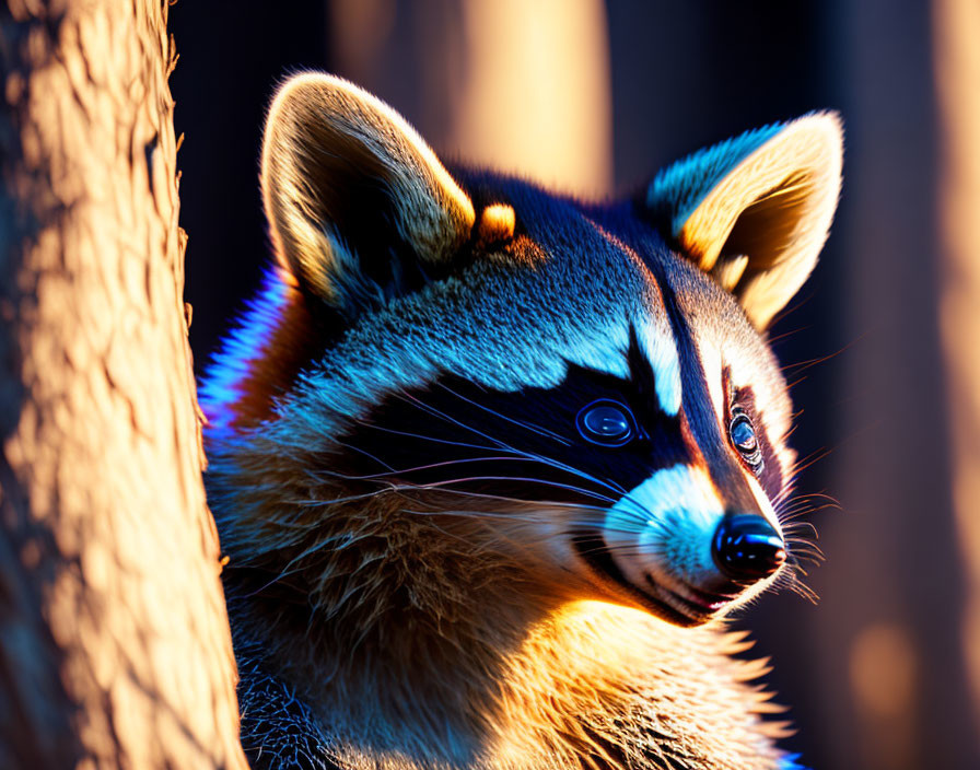 Curious raccoon behind tree trunk in golden light