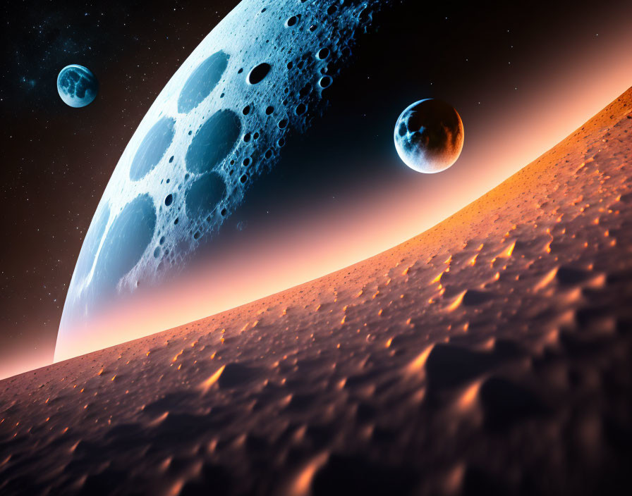 Crater-filled moon over alien desert landscape